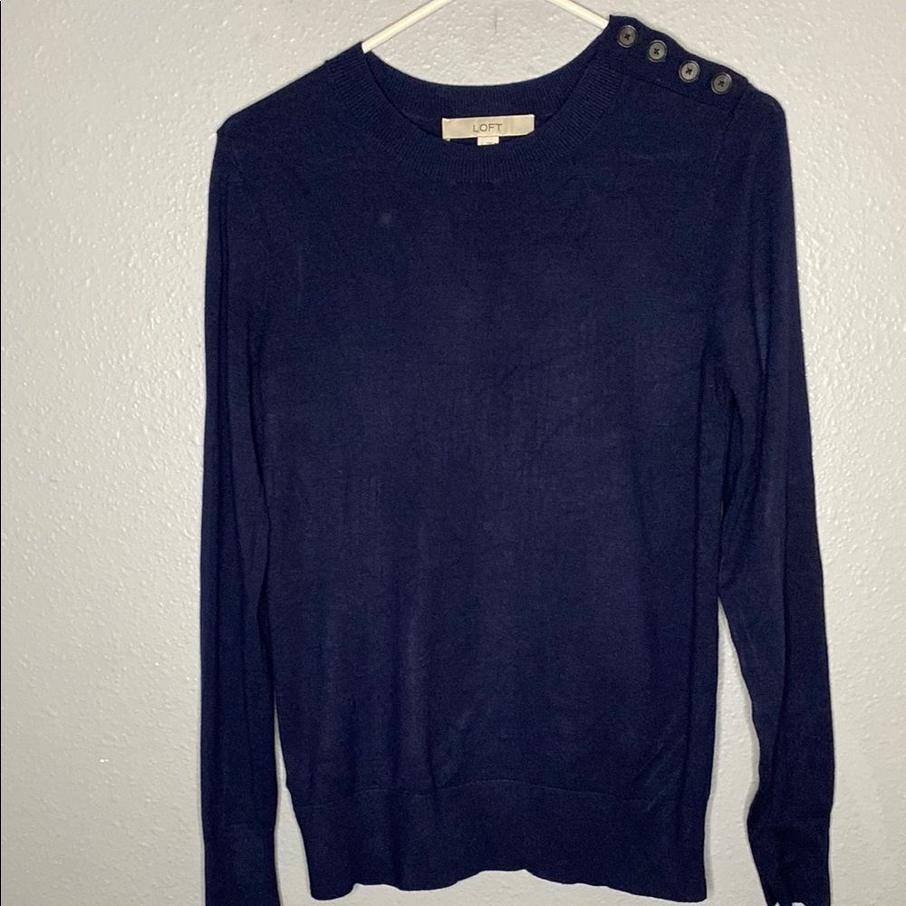 Loft Navy Crew Neck Button Shoulder Detail Soft Sweater Size Small